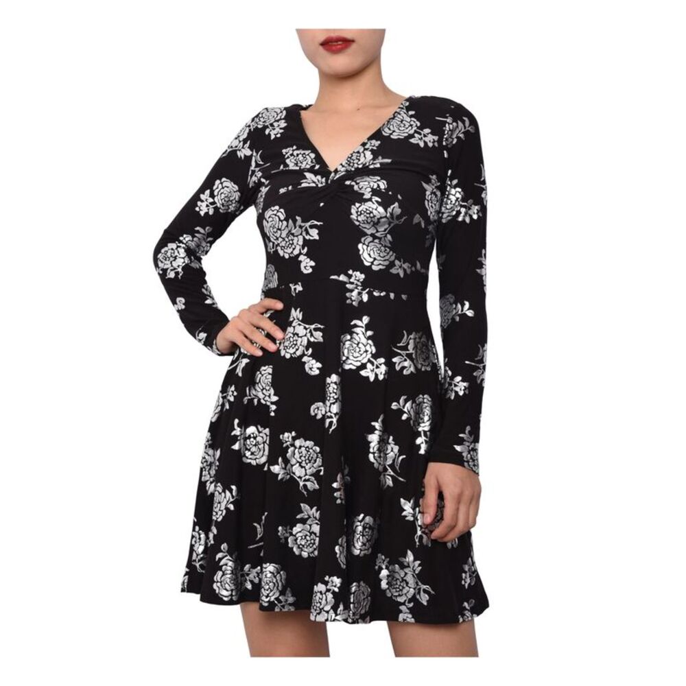 PLANET GOLD Womens Fit + Flare Short Dress Black Long Sleeve V Neck Juniors XS